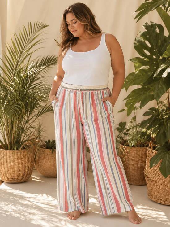 Old Navy Pants - Old Navy Women's Plus Size Linen Blend Striped Drawstring Wide Leg Pants